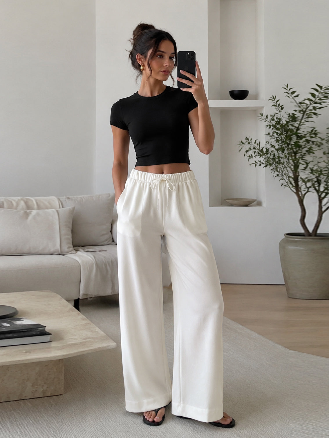 Wide Leg Pants for Women Casual Flowy Crepe Trousers Wrinkle Free Relaxed Fit Lounge Work Business with Pockets