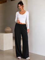 Crepe Wide Leg Pants for Women Wrinkle Free Flowy Casual Trousers