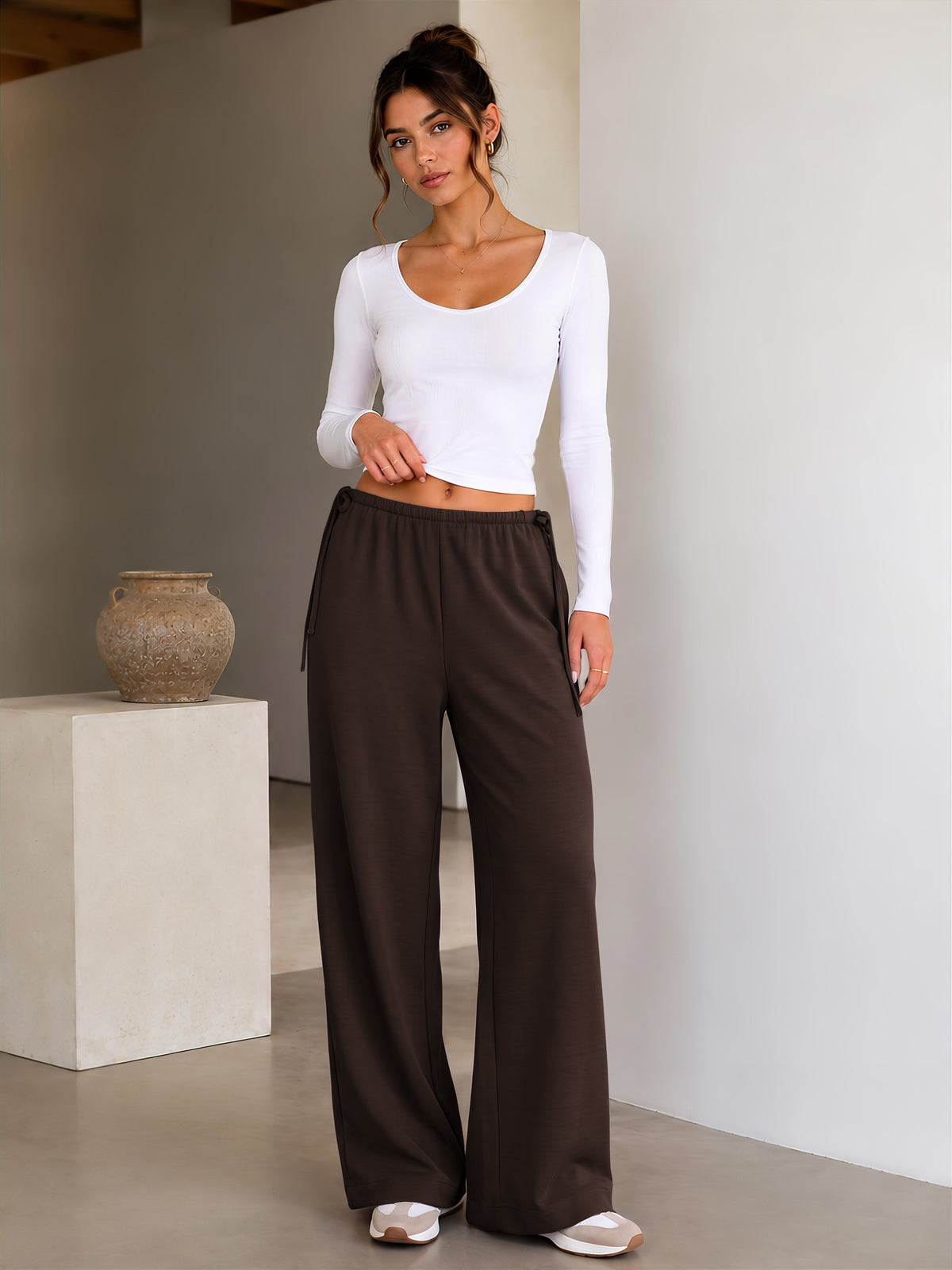 Crepe Wide Leg Pants for Women Wrinkle Free Flowy Casual Trousers