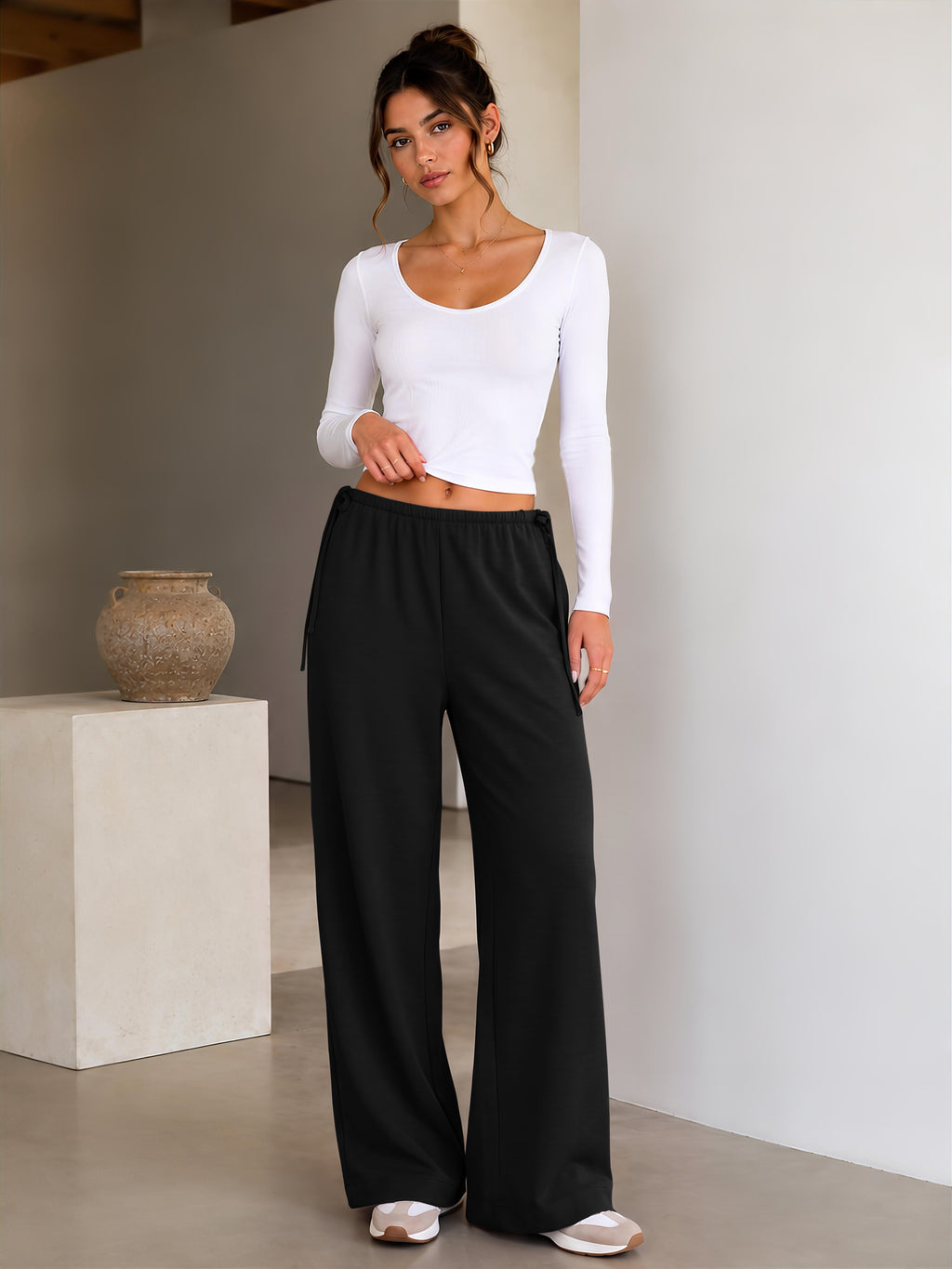 Crepe Wide Leg Pants for Women Wrinkle Free Flowy Casual Trousers