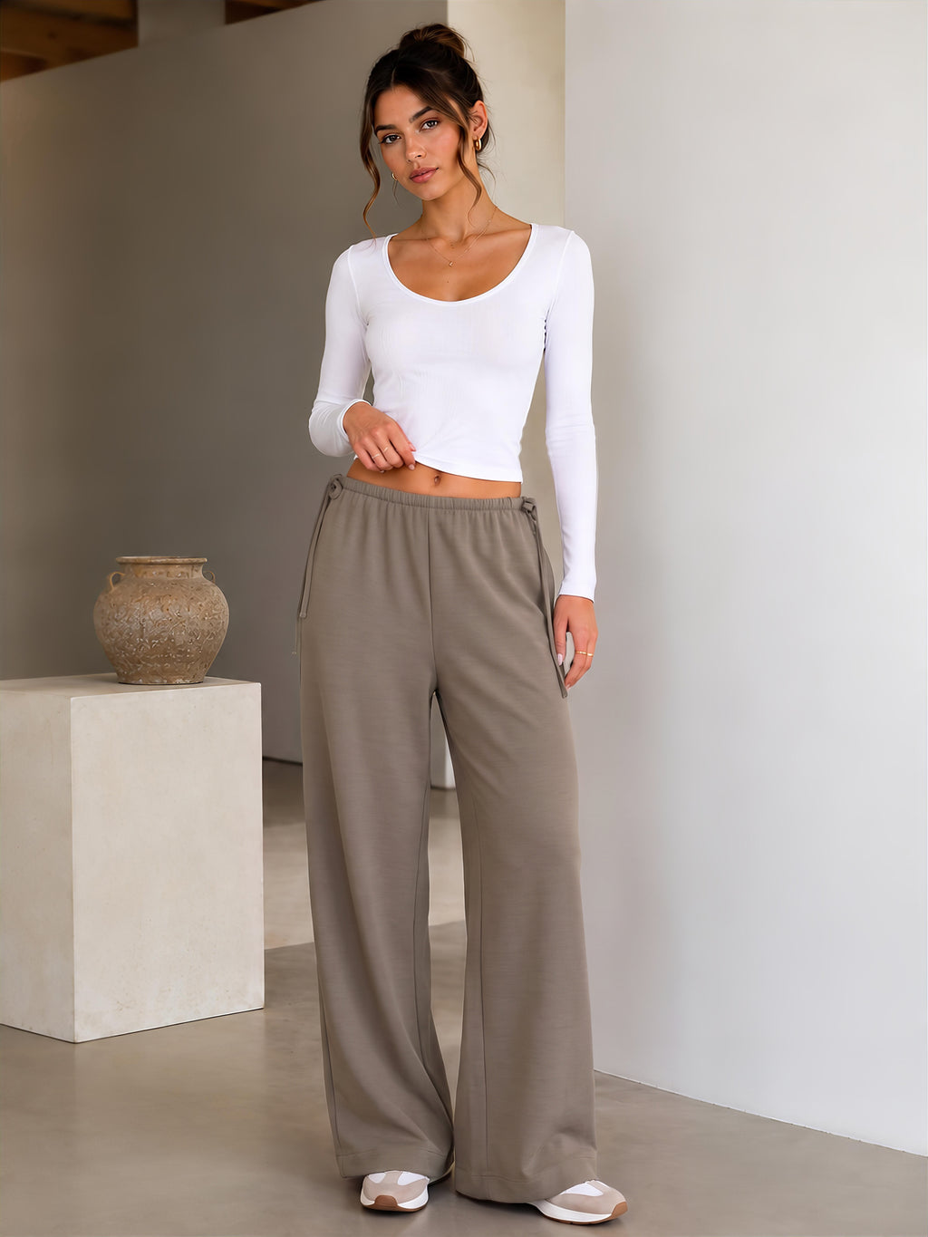 Crepe Wide Leg Pants for Women Wrinkle Free Flowy Casual Trousers