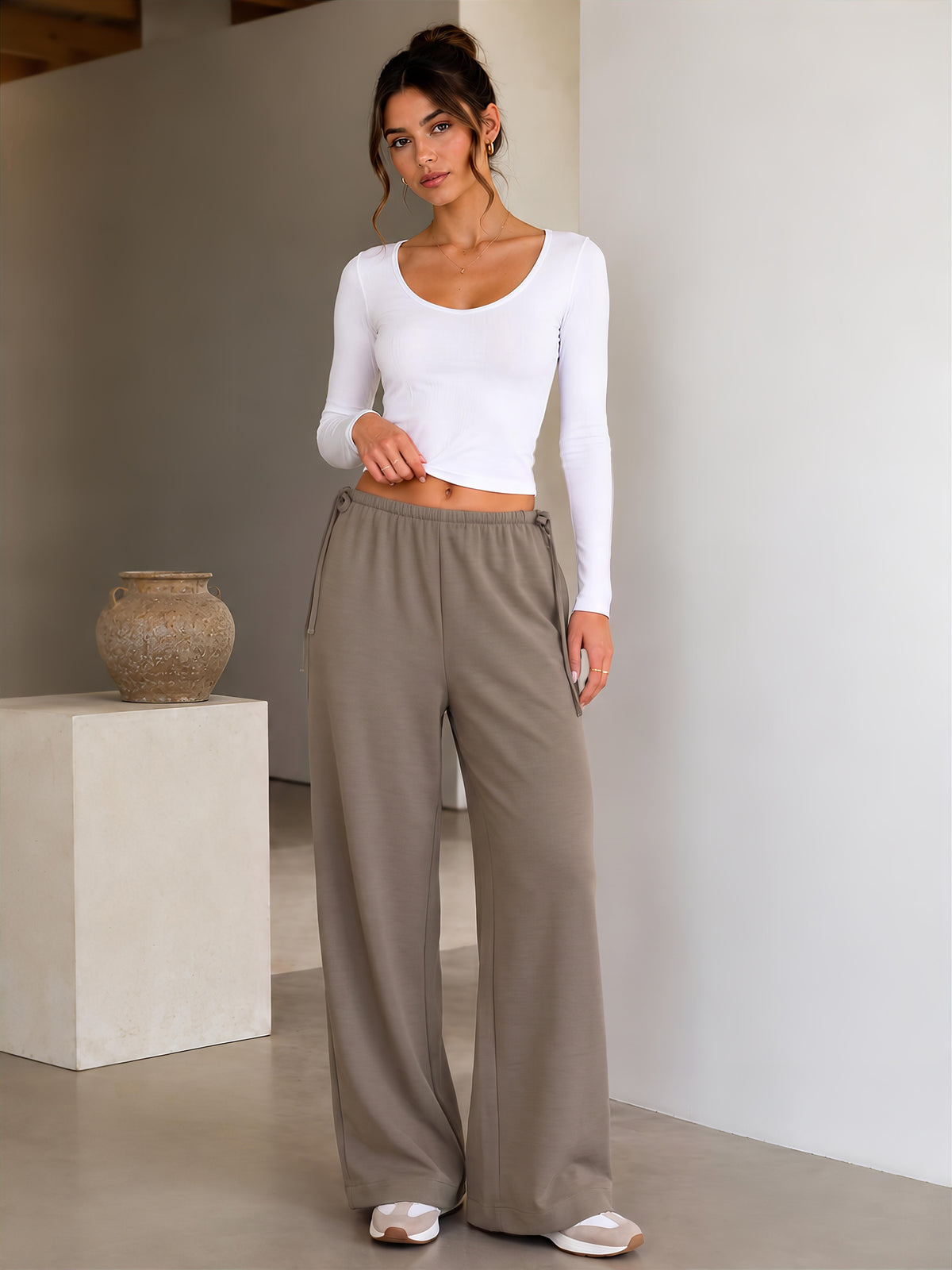 Crepe Wide Leg Pants for Women Wrinkle Free Flowy Casual Trousers