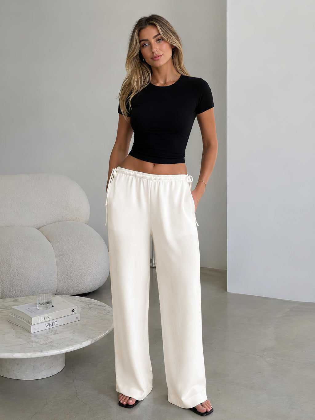 Crepe Wide Leg Pants for Women Wrinkle Free Flowy Casual Trousers