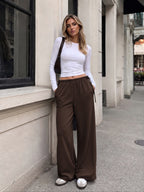 Crepe Wide Leg Pants for Women Wrinkle Free Flowy Casual Trousers