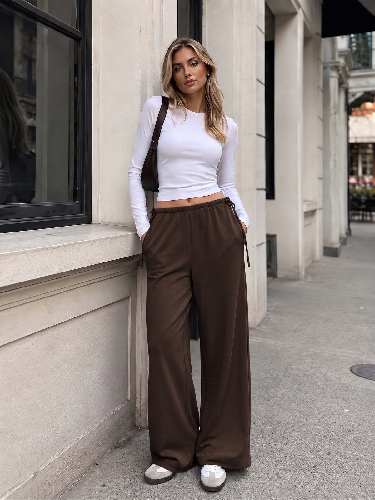 Crepe Wide Leg Pants for Women Wrinkle Free Flowy Casual Trousers