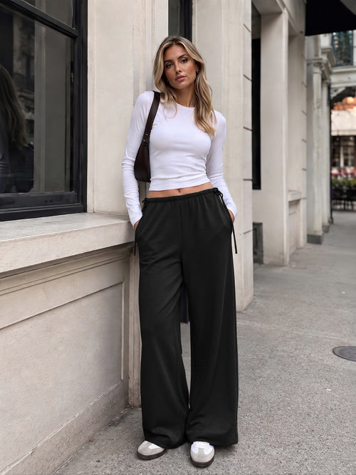 Crepe Wide Leg Pants for Women Wrinkle Free Flowy Casual Trousers