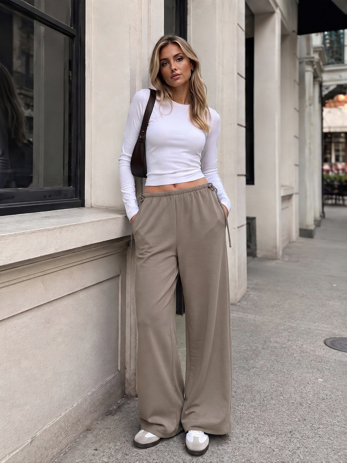 Crepe Wide Leg Pants for Women Wrinkle Free Flowy Casual Trousers
